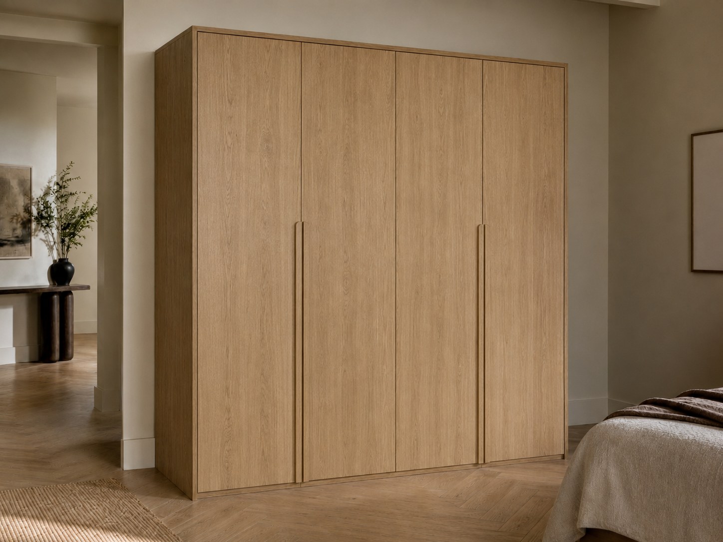 Oak PAX wardrobe fronts with full-height integrated timber handles
