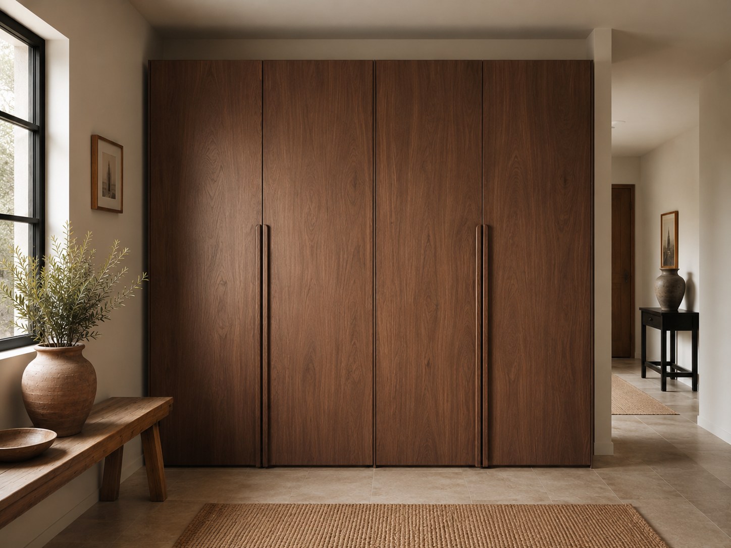 Walnut PAX wardrobe fronts with full-height integrated timber handles