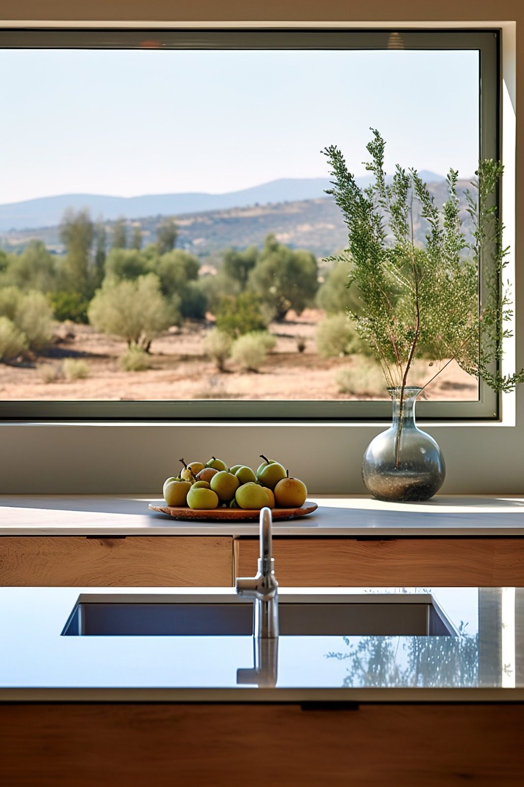 Kitchen with real wood fronts, sink, and a countryside view through the window