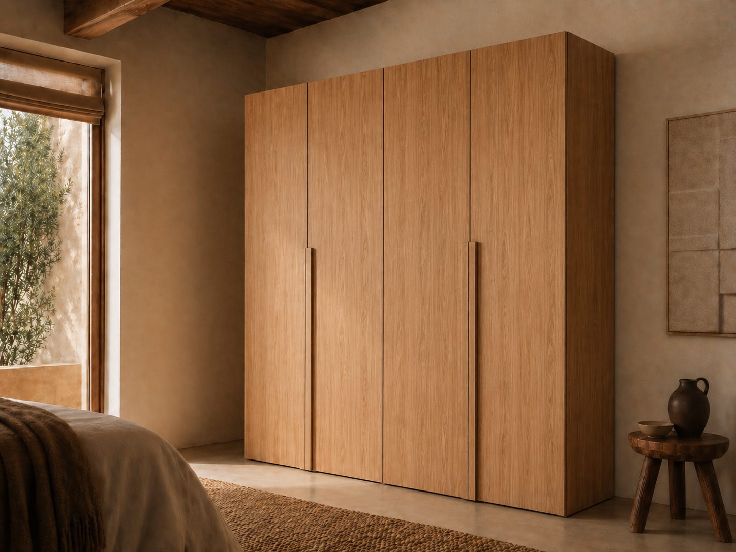 Quatro portas em folheado de carvalho natural sobre um sistema IKEA PAX, num quarto luminoso de paredes claras